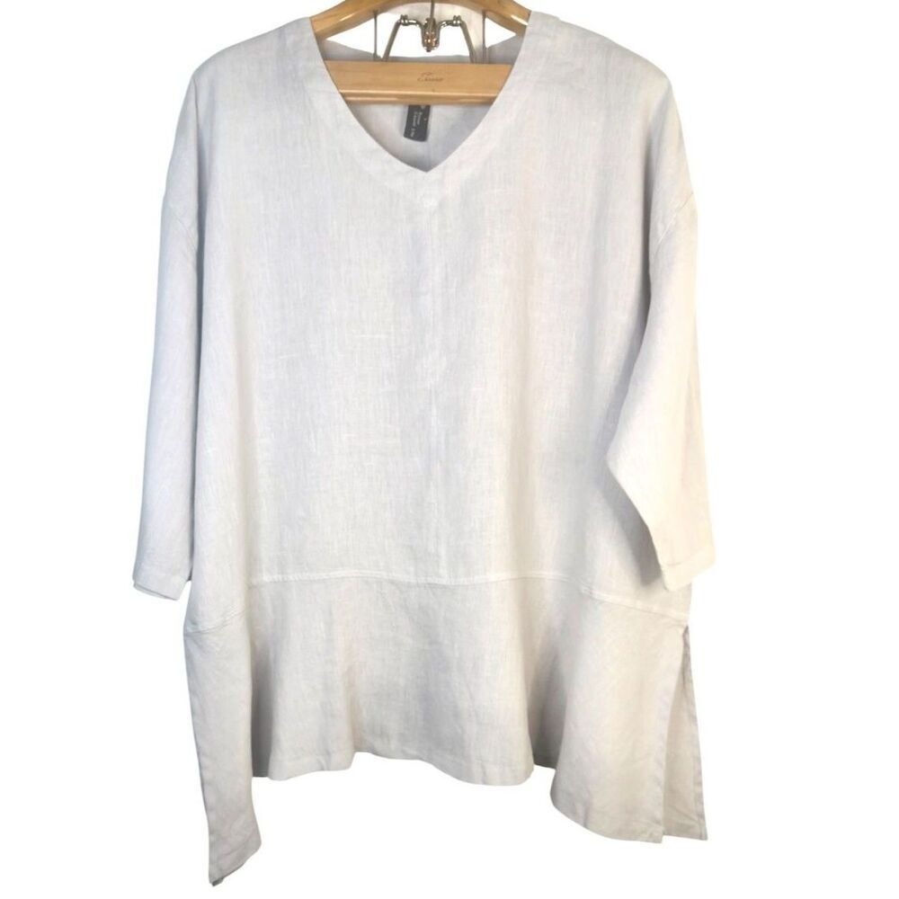 NWT Focus Casual Life Gray 100% Linen Light Weight V-Neck Tunic Blouse Size: XL